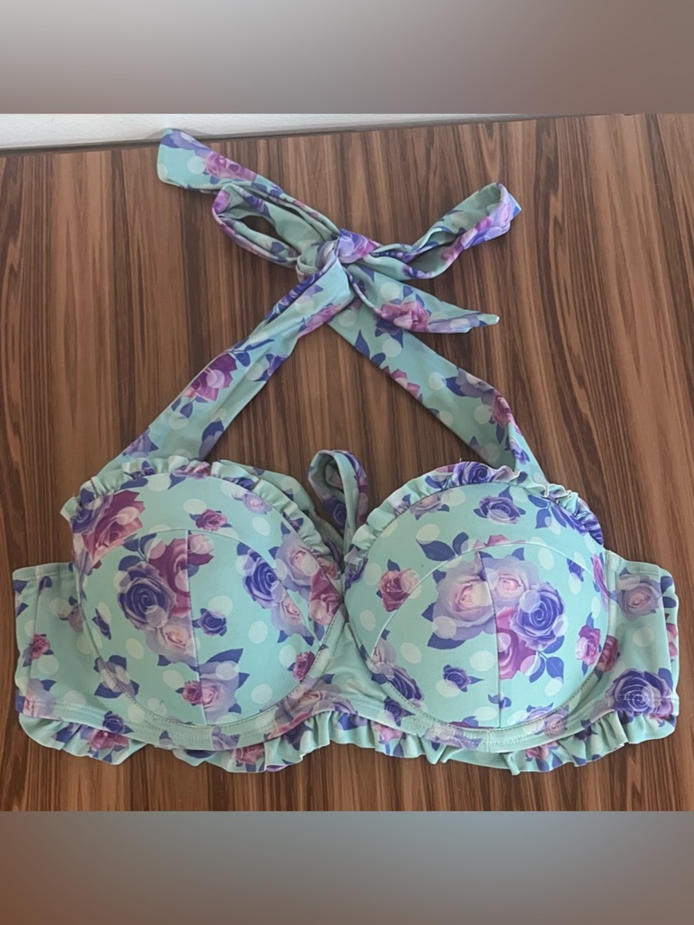 Hot Topic Light Blue and Purple Floral Halter Bikini Top